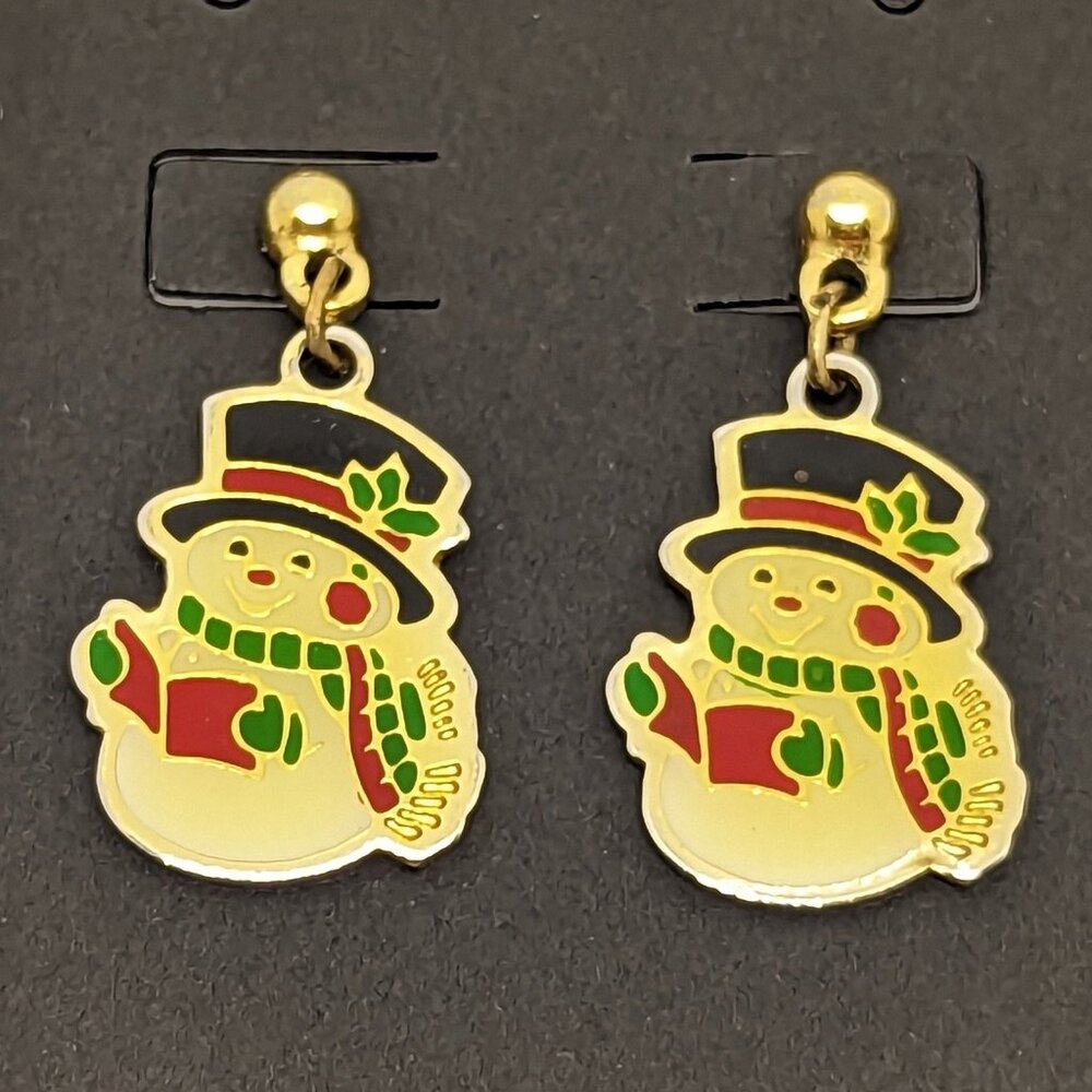 Gold-Tone Snowman Dangle Earrings With Festive Red & Green Enamel Accents